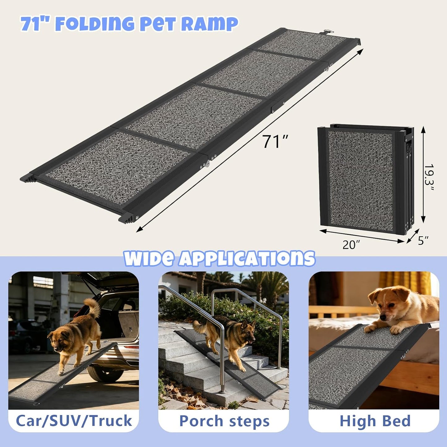 Dog Ramp for Car 71" X 20", Folding Pet Ramp for Large Dogs with Non-Slip Rug Surface, Portable Dog Car Ramp for SUV Car & Truck
