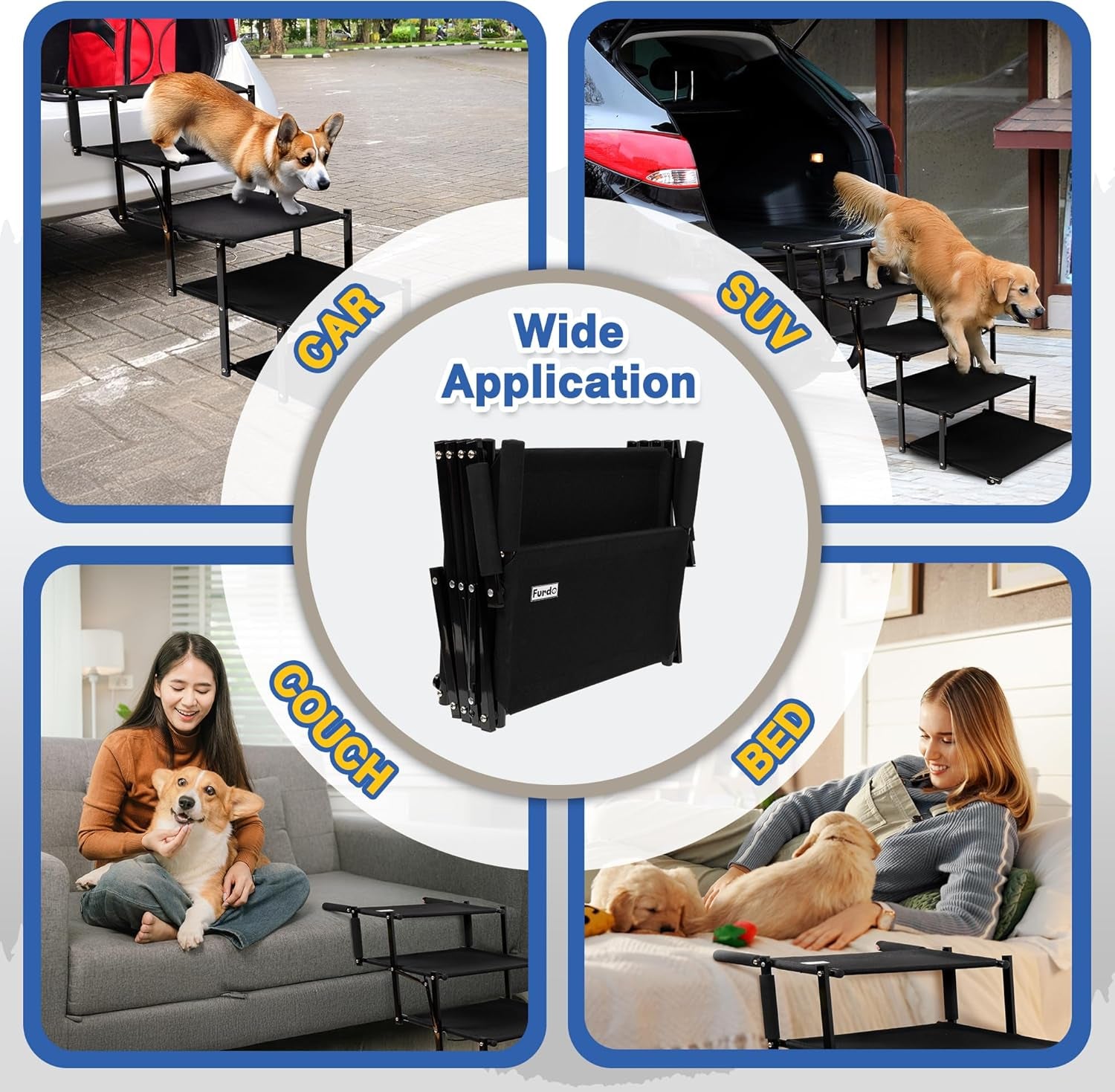 Dog Stairs for Large Dogs, for Medium Dogs, Foldable Dog Ramp for Car & SUV, Steps for Bed, Wide Non-Slip Pet Steps for Car Side Door, Truck & High Beds, Portable & Adjustable - 17" Wide
